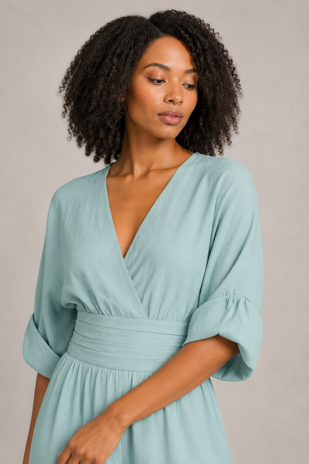 V-Neck High-Waisted Wide-Leg Jumpsuit in Peacock Blue, fabric detail