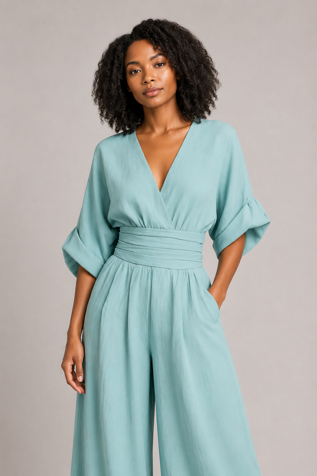 V-Neck High-Waisted Wide-Leg Jumpsuit in Peacock Blue, waistband construction detail