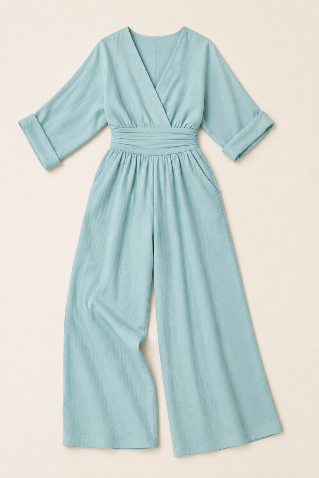V-Neck High-Waisted Wide-Leg Jumpsuit in Peacock Blue, flat lay