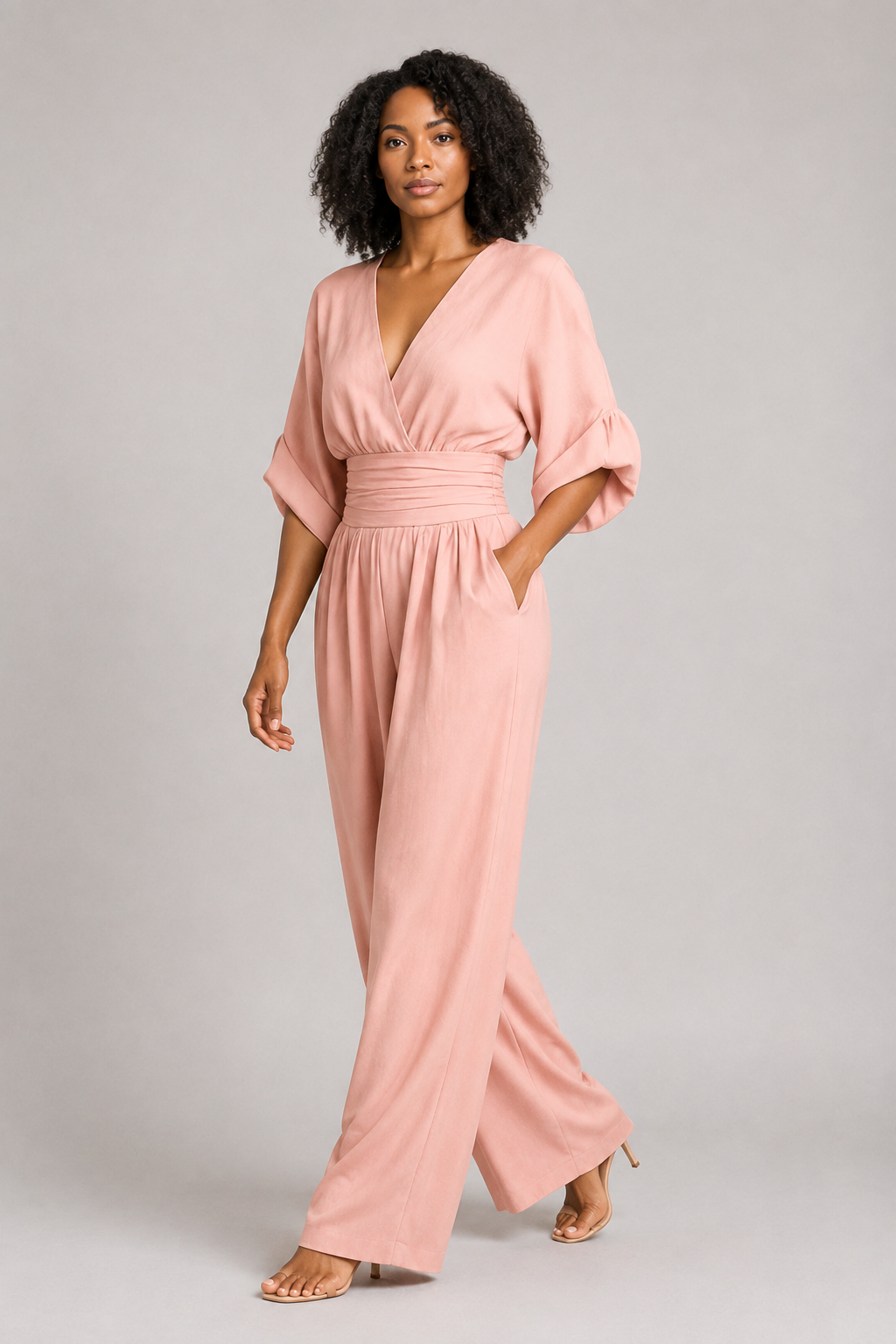 V-Neck High-Waisted Wide-Leg Jumpsuit in Pink, front three-quarter view
