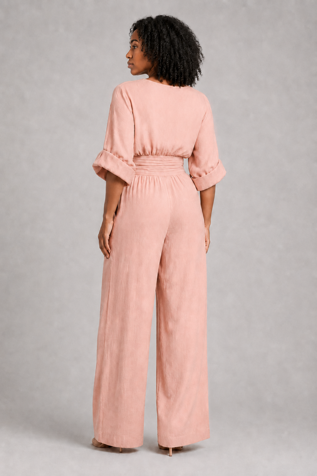 V-Neck High-Waisted Wide-Leg Jumpsuit in Pink, back view