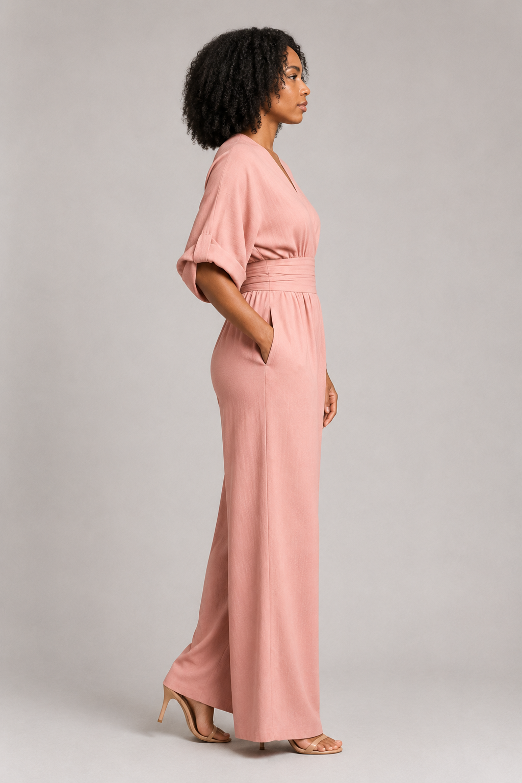 V-Neck High-Waisted Wide-Leg Jumpsuit in Pink, side view