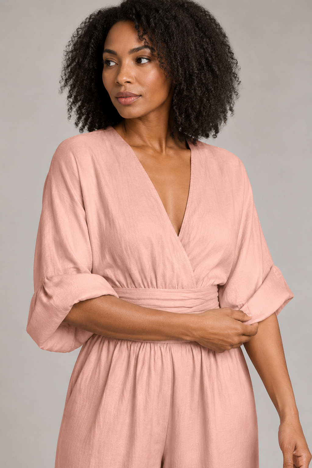 V-Neck High-Waisted Wide-Leg Jumpsuit in Pink, fabric detail