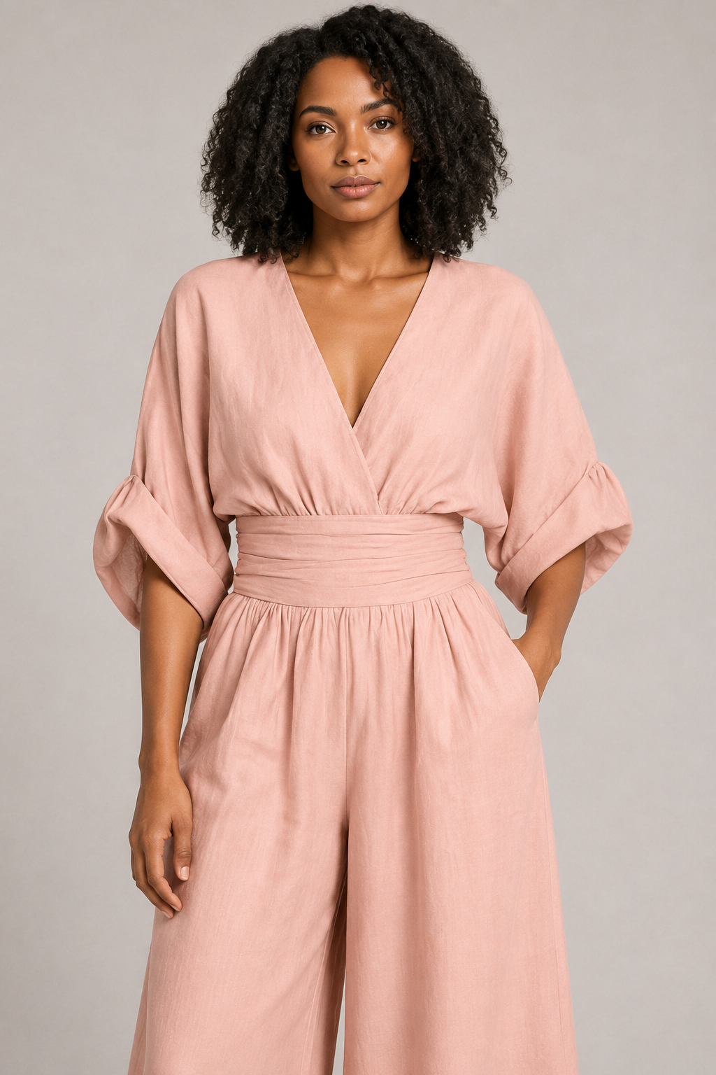 V-Neck High-Waisted Wide-Leg Jumpsuit in Pink, waistband construction detail