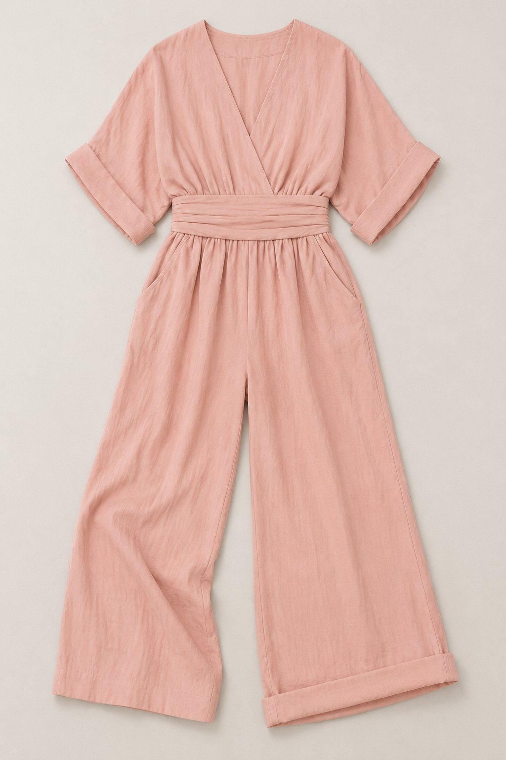 V-Neck High-Waisted Wide-Leg Jumpsuit in Pink, flat lay