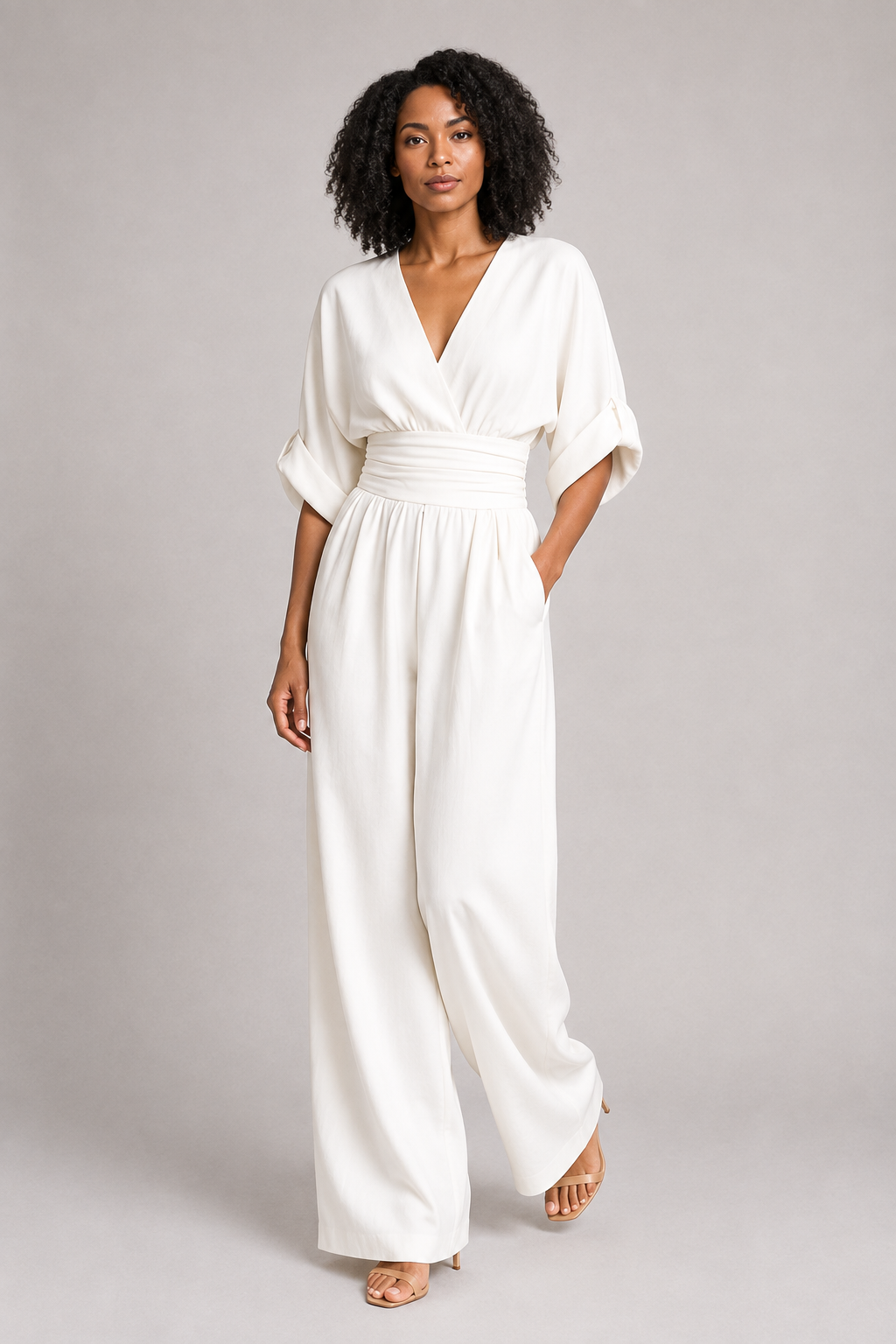 V-Neck High-Waisted Wide-Leg Jumpsuit in White, front three-quarter view