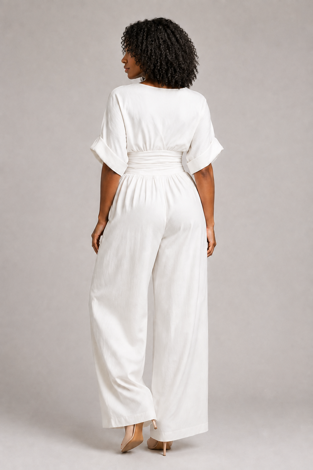 V-Neck High-Waisted Wide-Leg Jumpsuit in White, back view