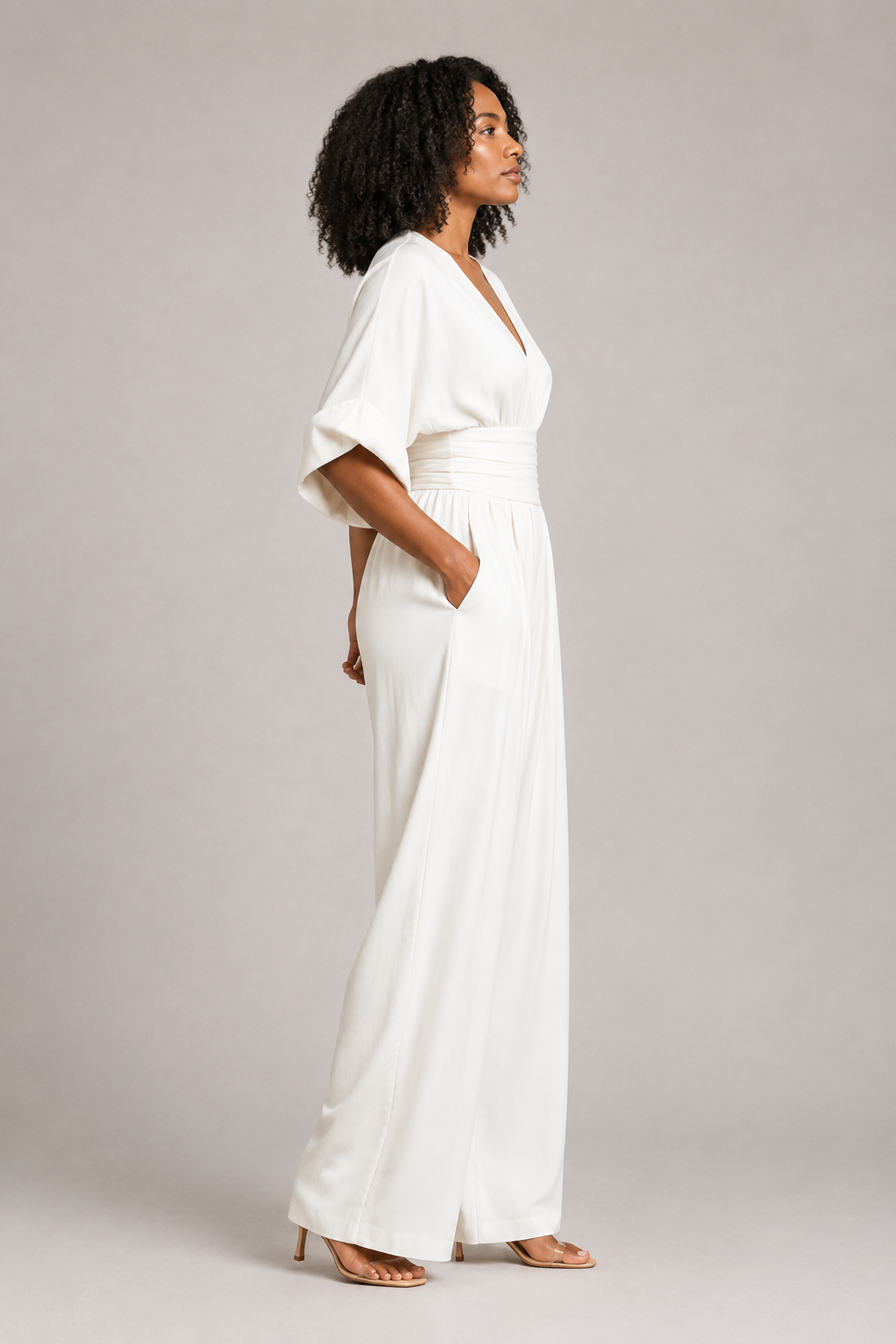 V-Neck High-Waisted Wide-Leg Jumpsuit in White, side view