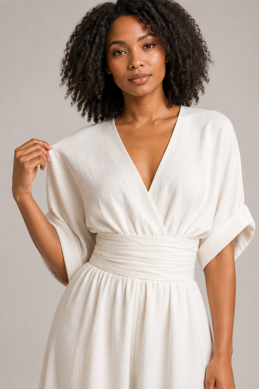 V-Neck High-Waisted Wide-Leg Jumpsuit in White, fabric detail