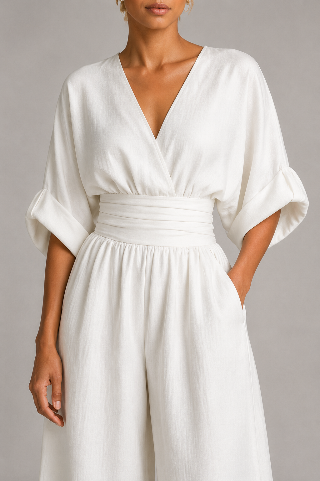 V-Neck High-Waisted Wide-Leg Jumpsuit in White, waistband construction detail