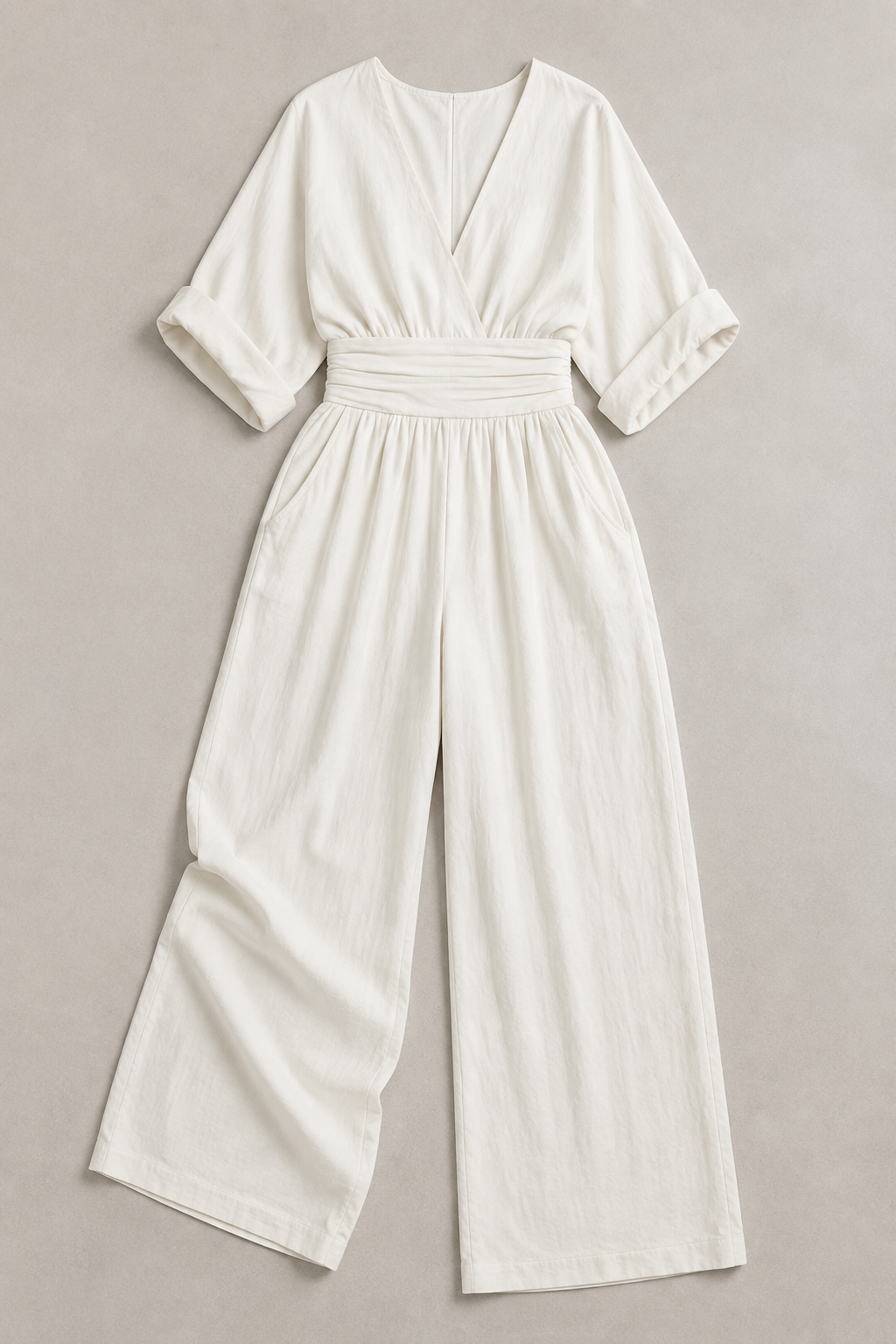 V-Neck High-Waisted Wide-Leg Jumpsuit in White, flat lay