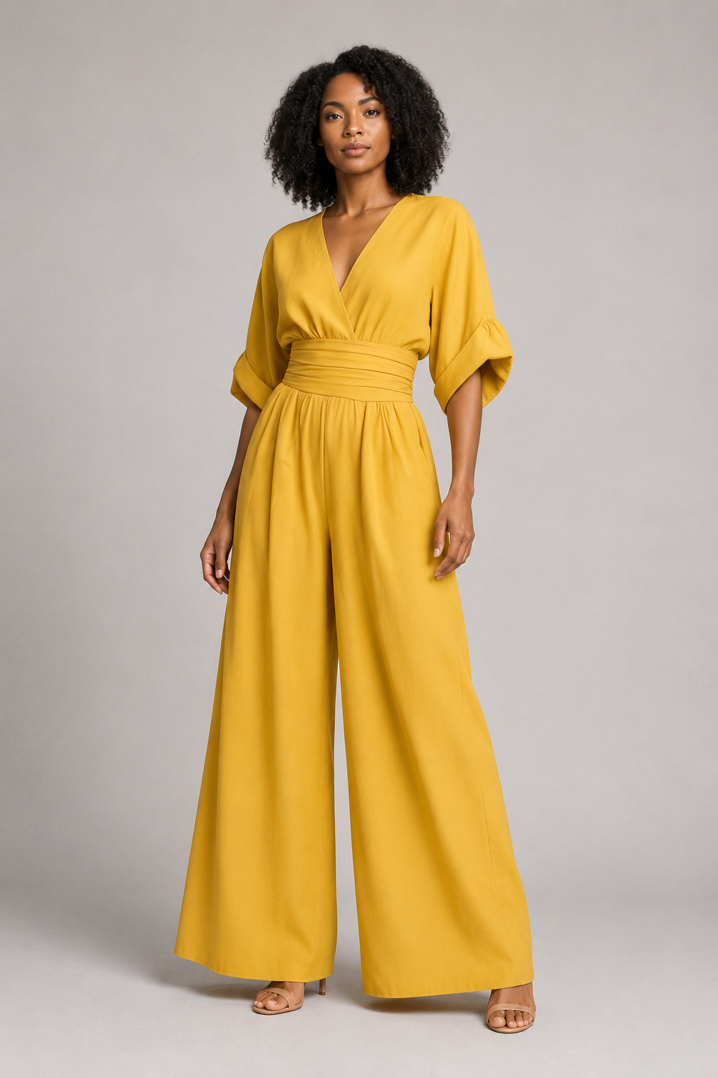 V-Neck High-Waisted Wide-Leg Jumpsuit in Yellow, front three-quarter view
