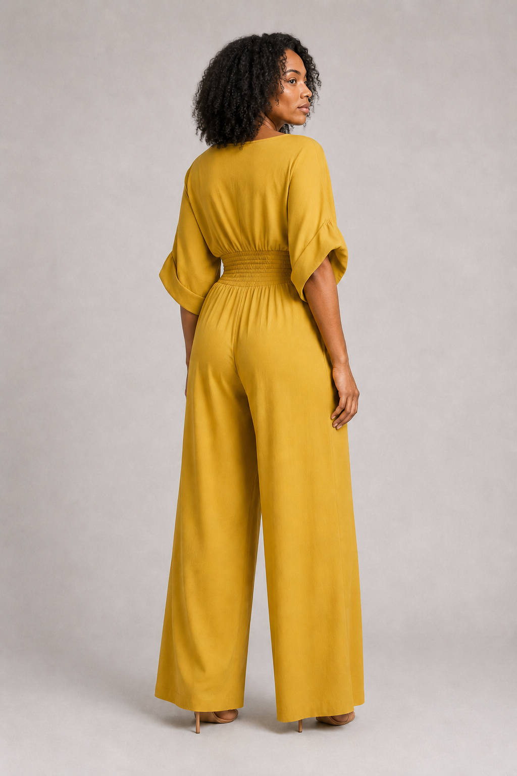 V-Neck High-Waisted Wide-Leg Jumpsuit in Yellow, back view