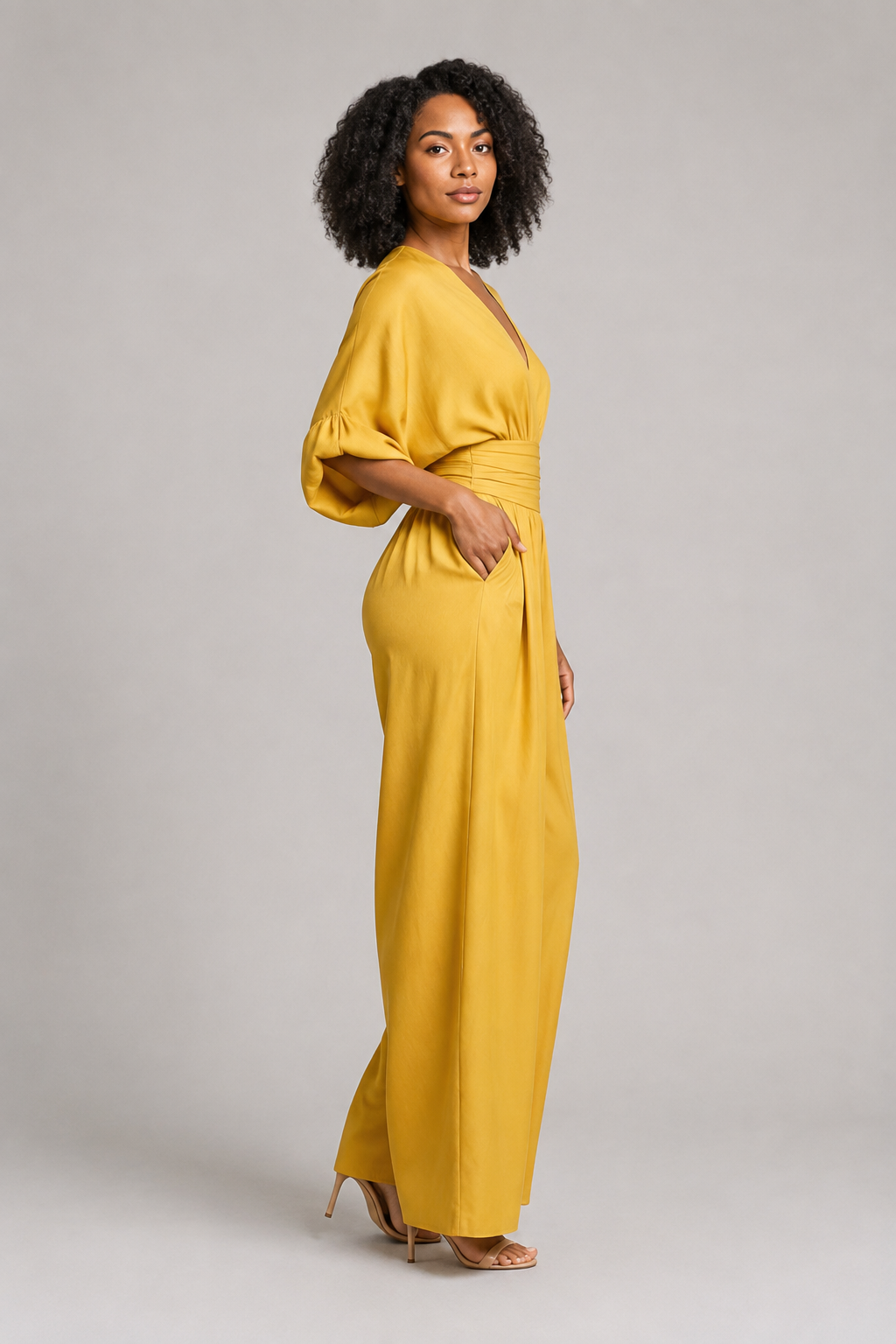 V-Neck High-Waisted Wide-Leg Jumpsuit in Yellow, side view