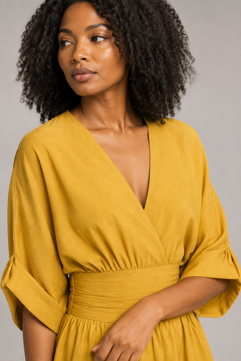 V-Neck High-Waisted Wide-Leg Jumpsuit in Yellow, fabric detail