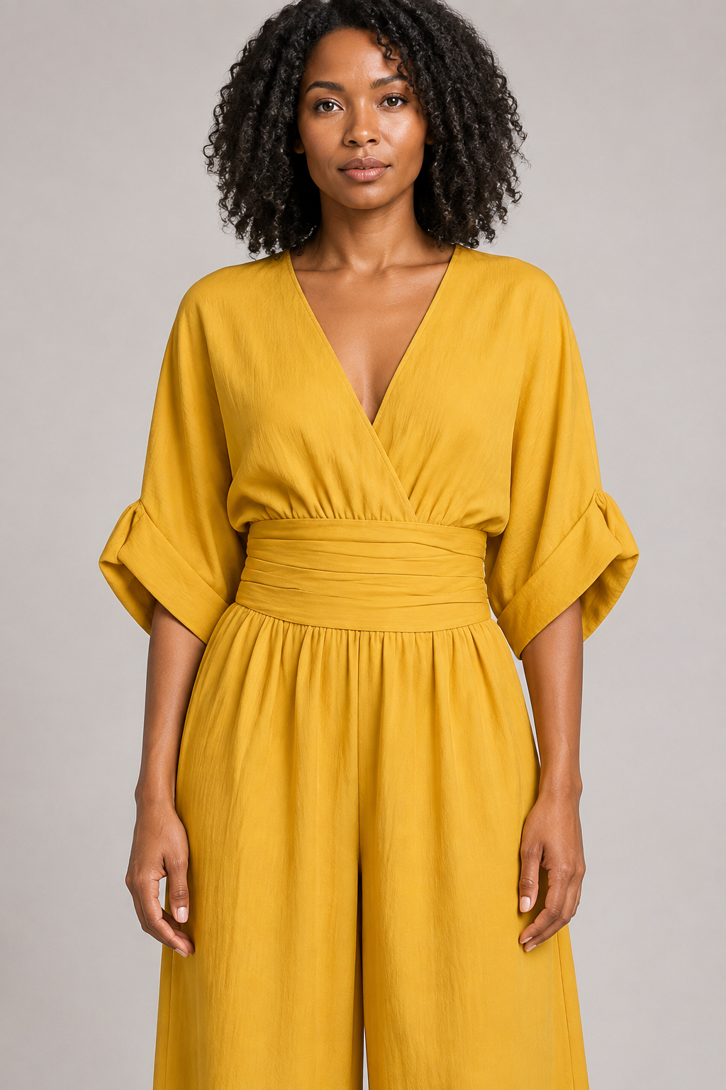 V-Neck High-Waisted Wide-Leg Jumpsuit in Yellow, waistband construction detail