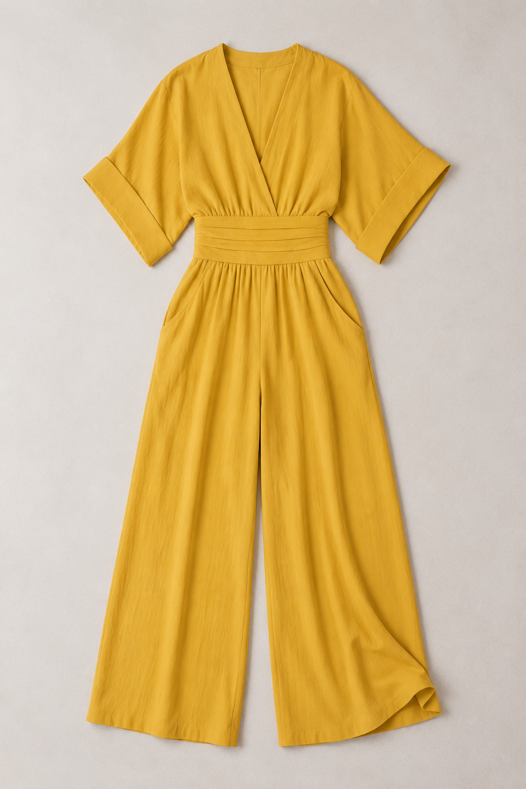 V-Neck High-Waisted Wide-Leg Jumpsuit in Yellow, flat lay