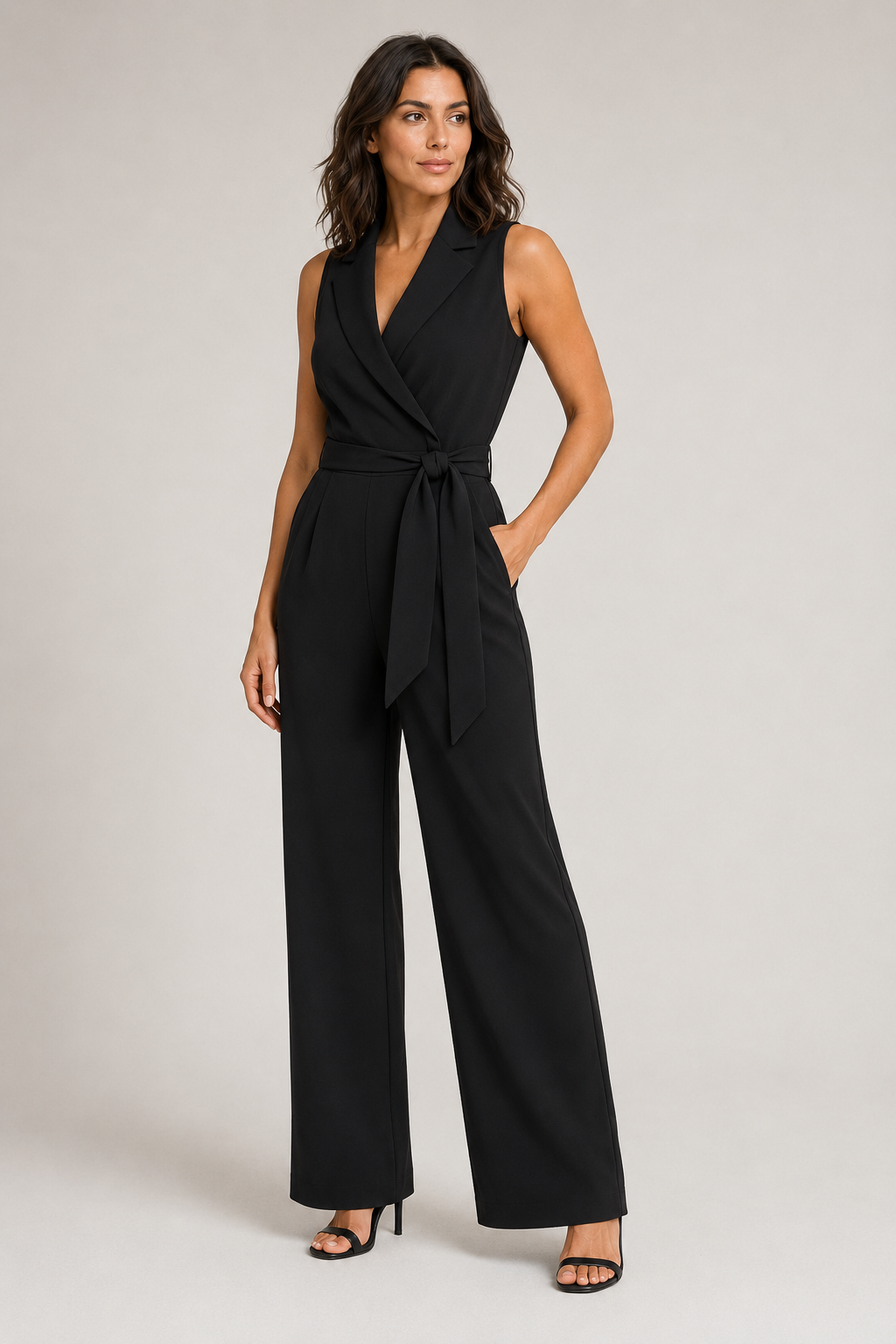 Wrap-Front Belted Jumpsuit in Black, front three-quarter view