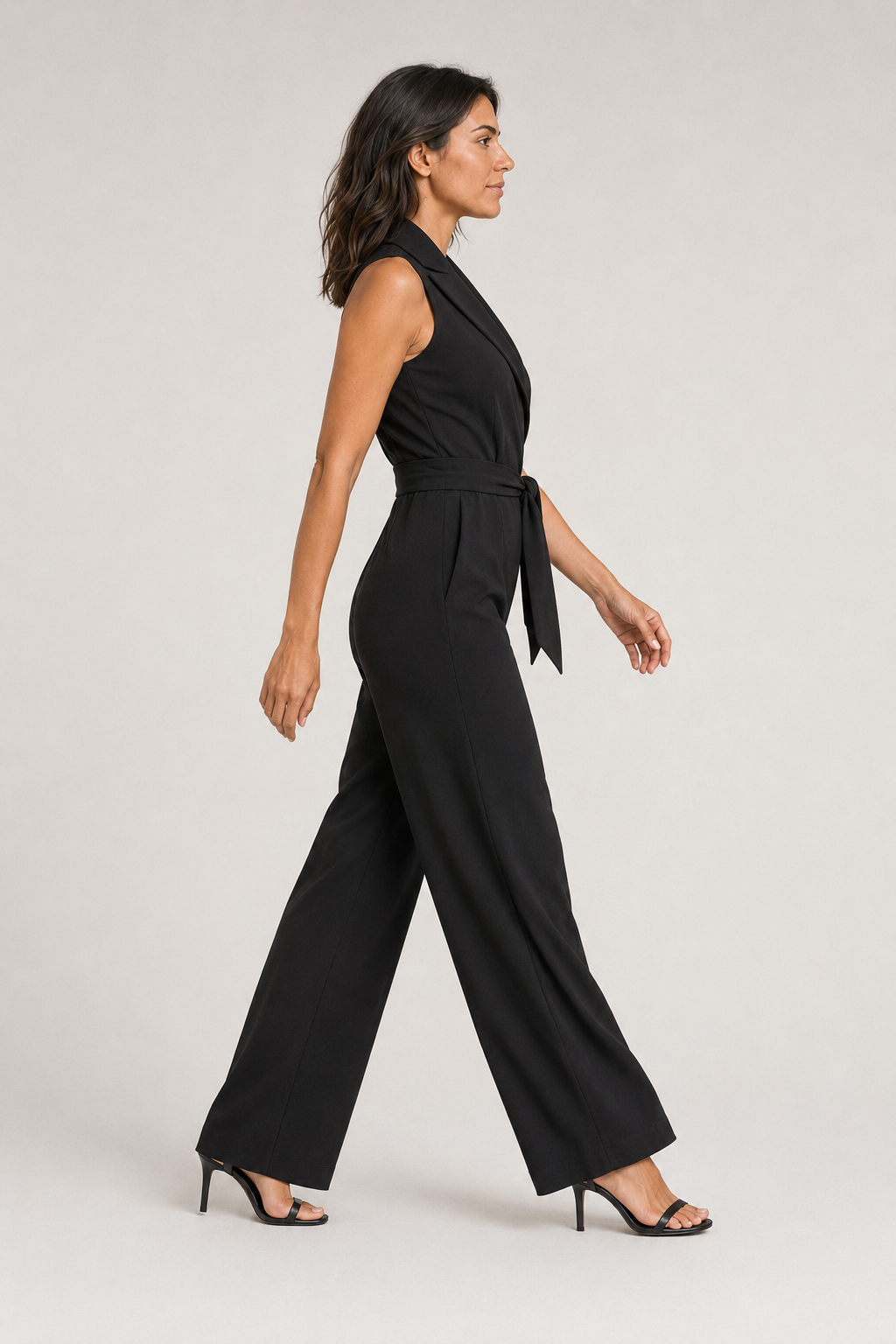 Wrap-Front Belted Jumpsuit in Black, side view