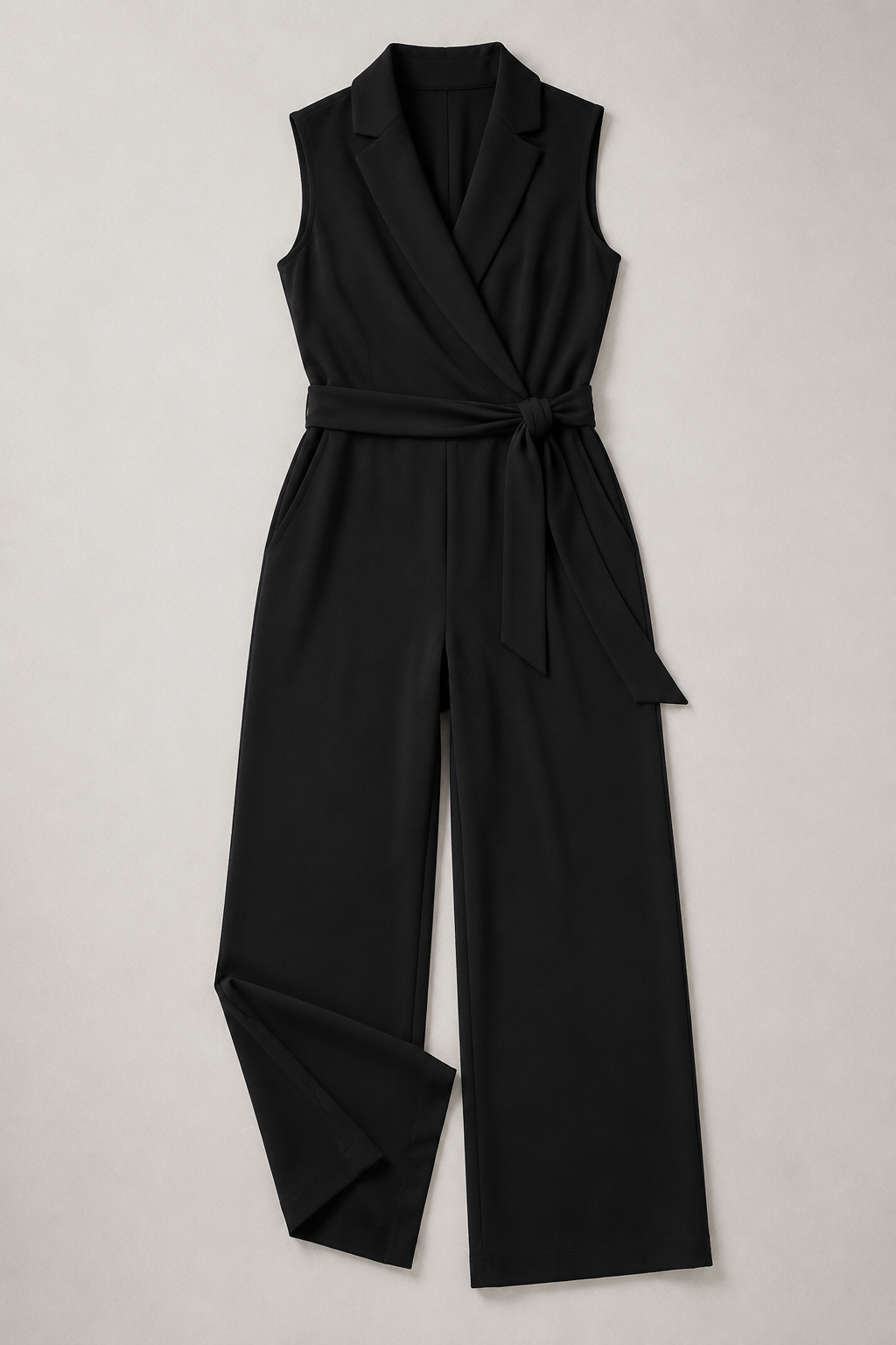 Wrap-Front Belted Jumpsuit in Black, flat lay