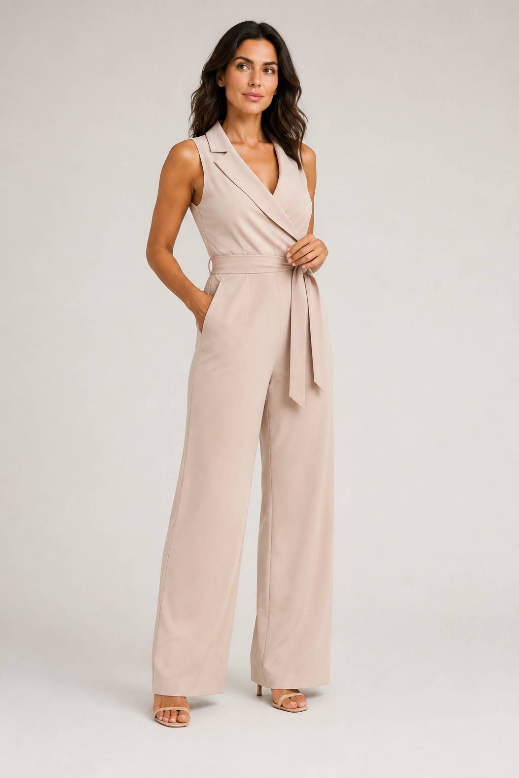 Wrap-Front Belted Jumpsuit in Khaki, front three-quarter view