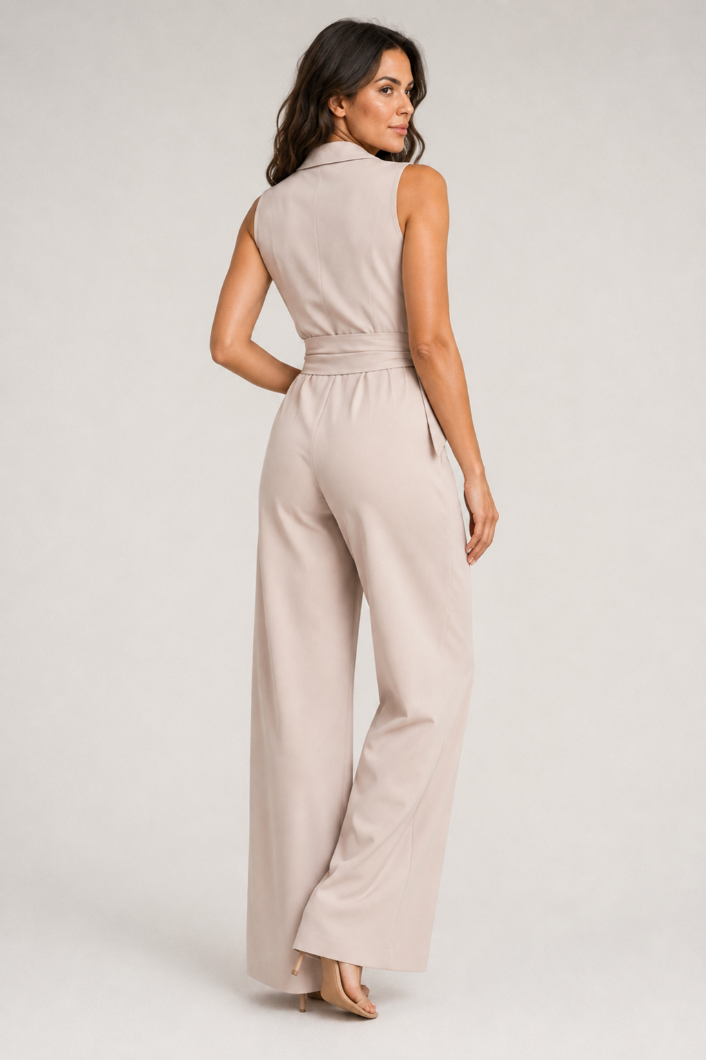 Wrap-Front Belted Jumpsuit in Khaki, back view