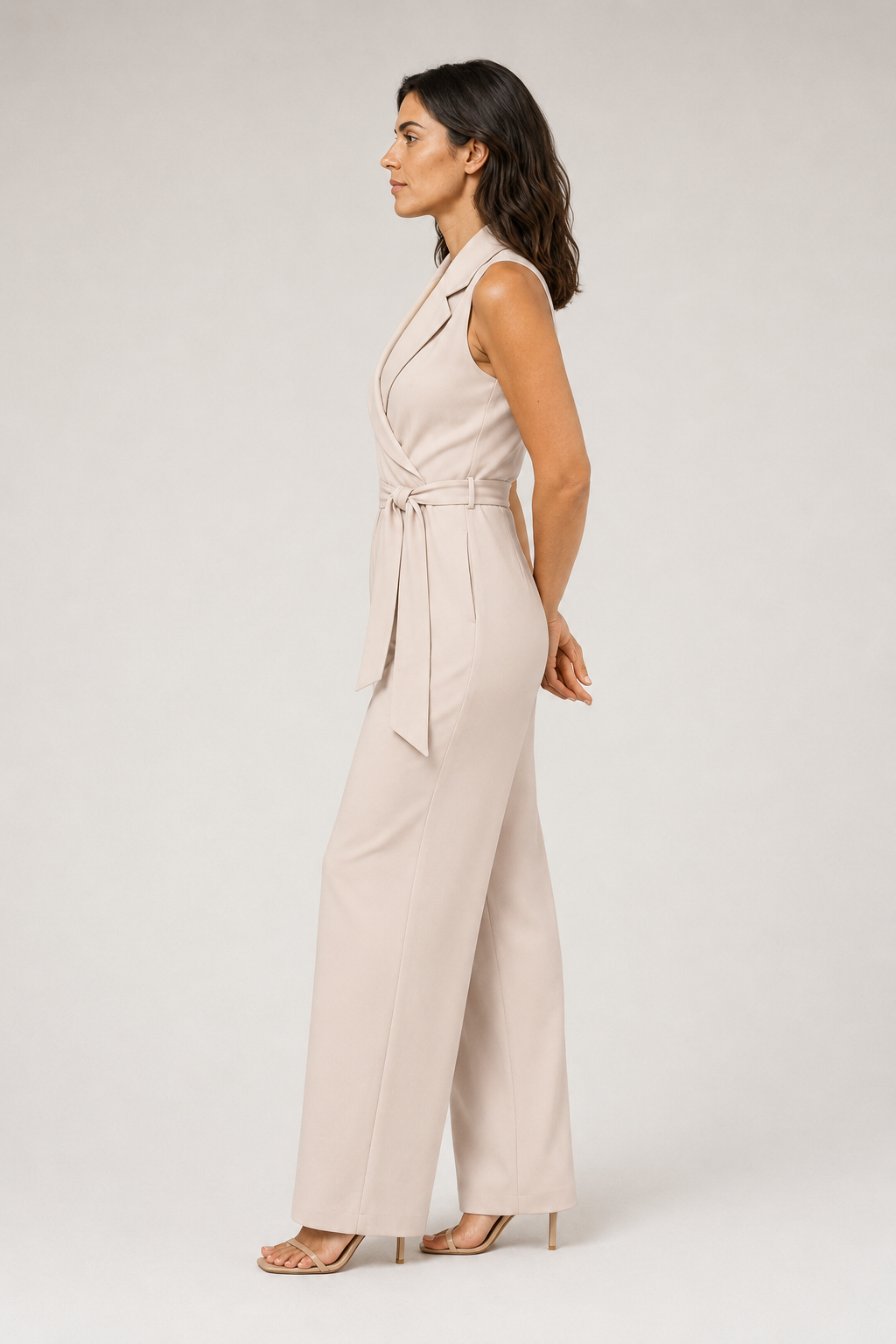 Wrap-Front Belted Jumpsuit in Khaki, side view