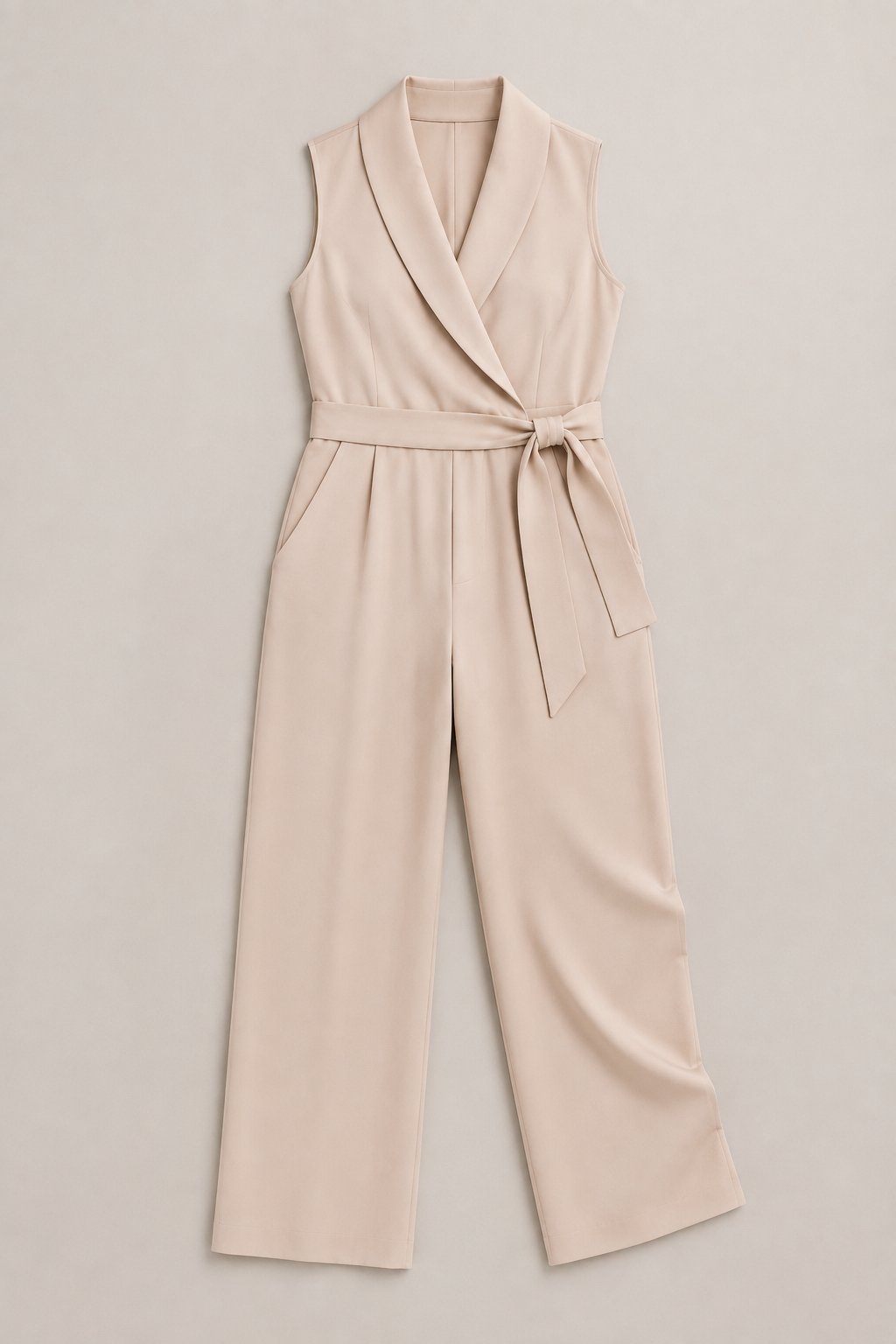Wrap-Front Belted Jumpsuit in Khaki, flat lay