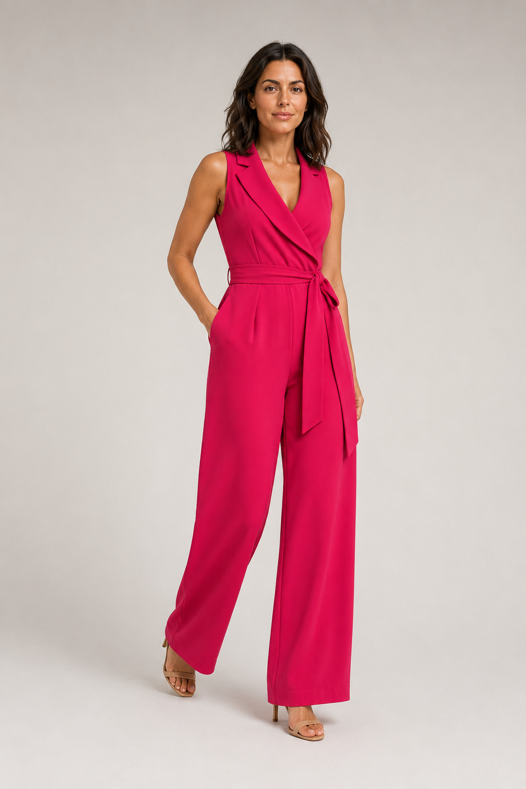 Wrap-Front Belted Jumpsuit in Magenta Red, front three-quarter view