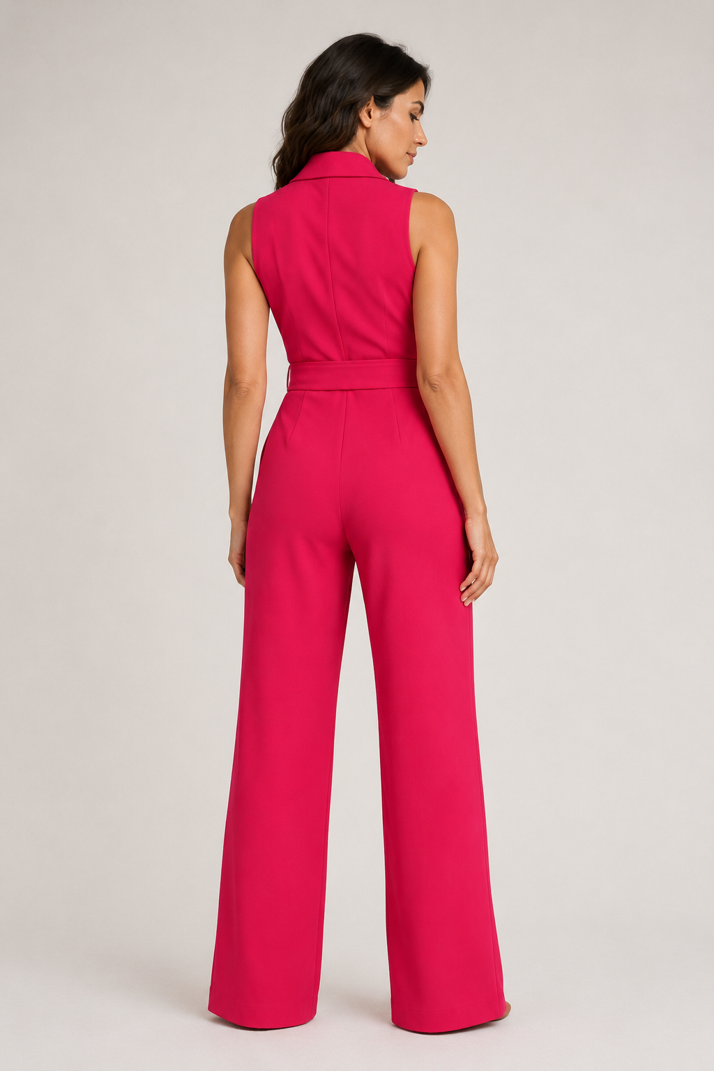 Wrap-Front Belted Jumpsuit in Magenta Red, back view