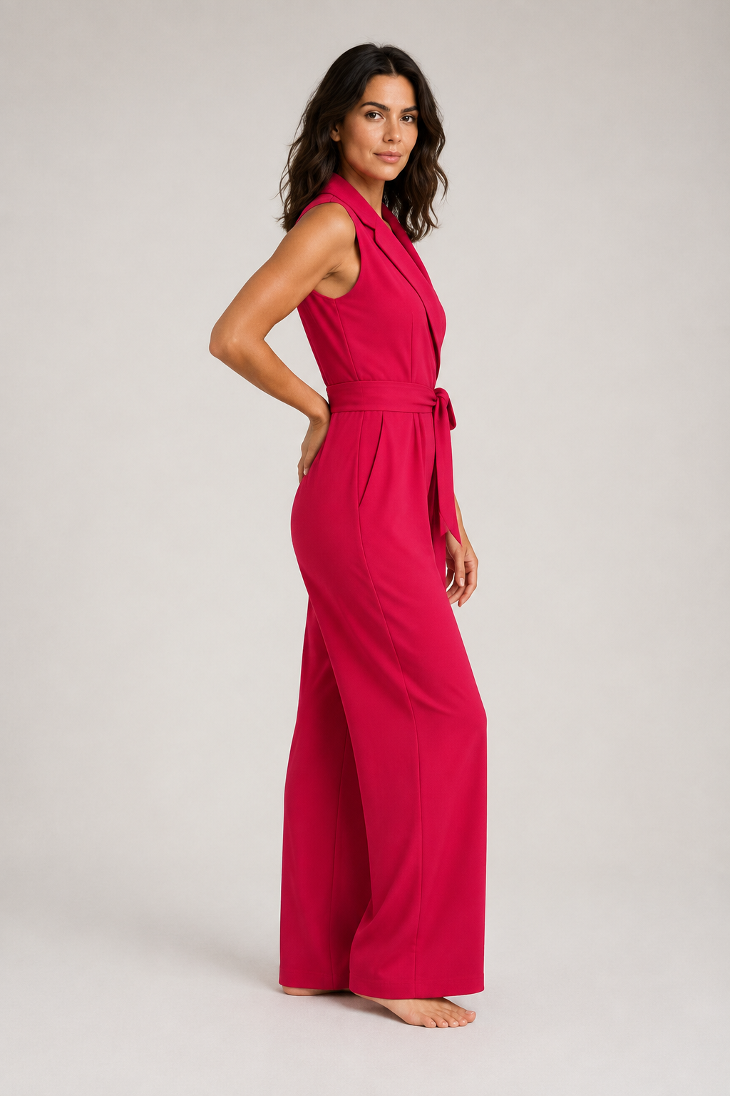 Wrap-Front Belted Jumpsuit in Magenta Red, side view