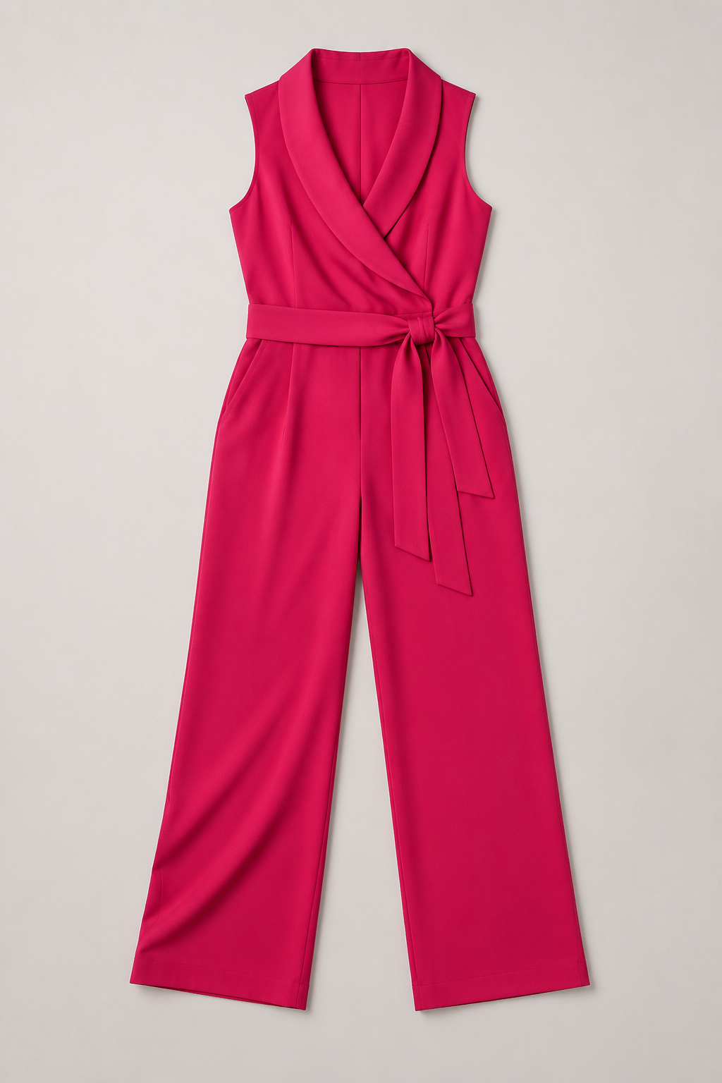 Wrap-Front Belted Jumpsuit in Magenta Red, flat lay