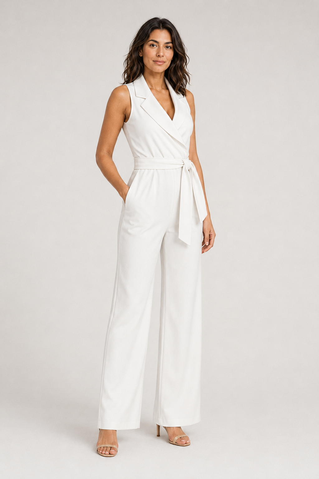 Wrap-Front Belted Jumpsuit in White, front three-quarter view