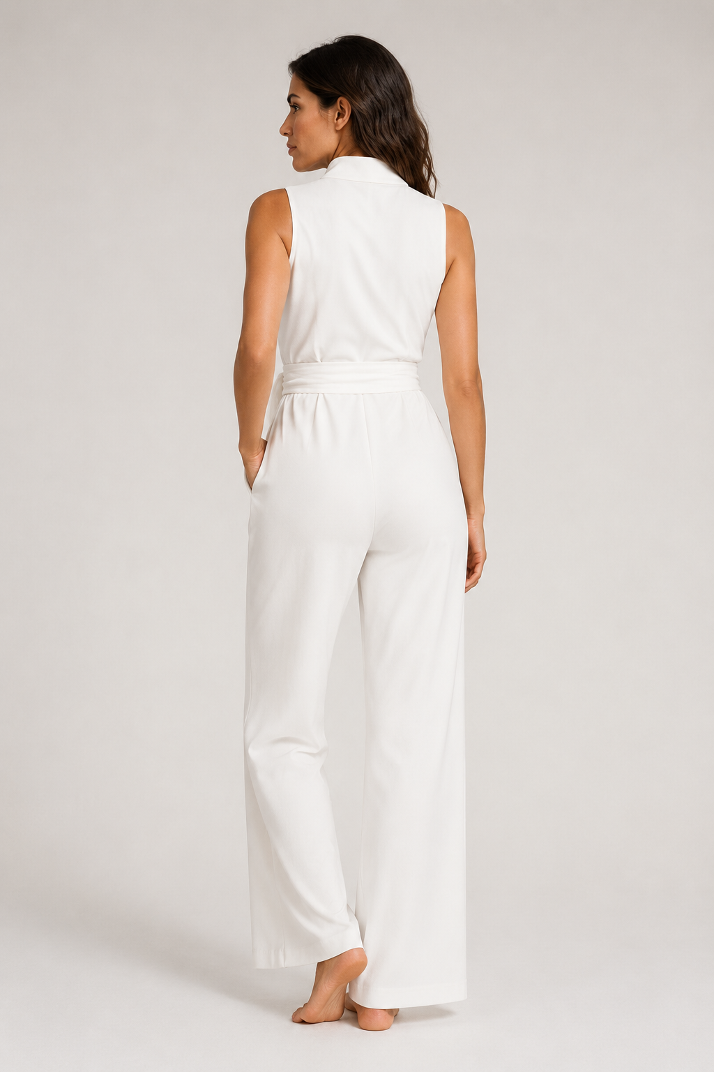Wrap-Front Belted Jumpsuit in White, back view