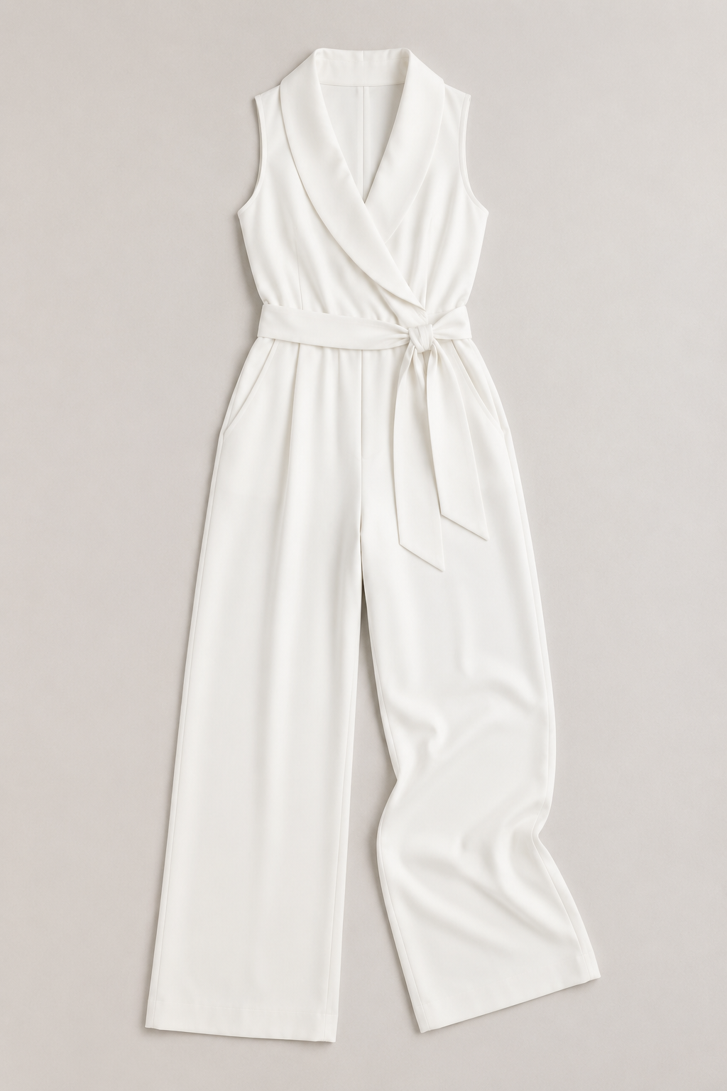 Wrap-Front Belted Jumpsuit in White, flat lay