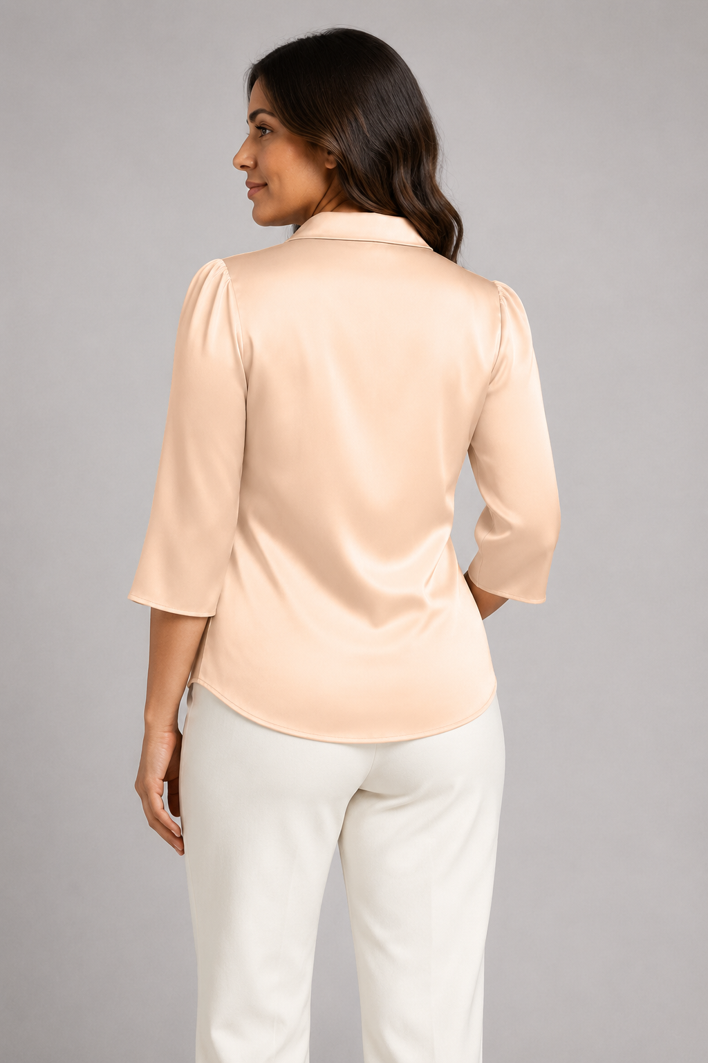 Wrap-Front Tie-Waist Blouse in Apricot, back view