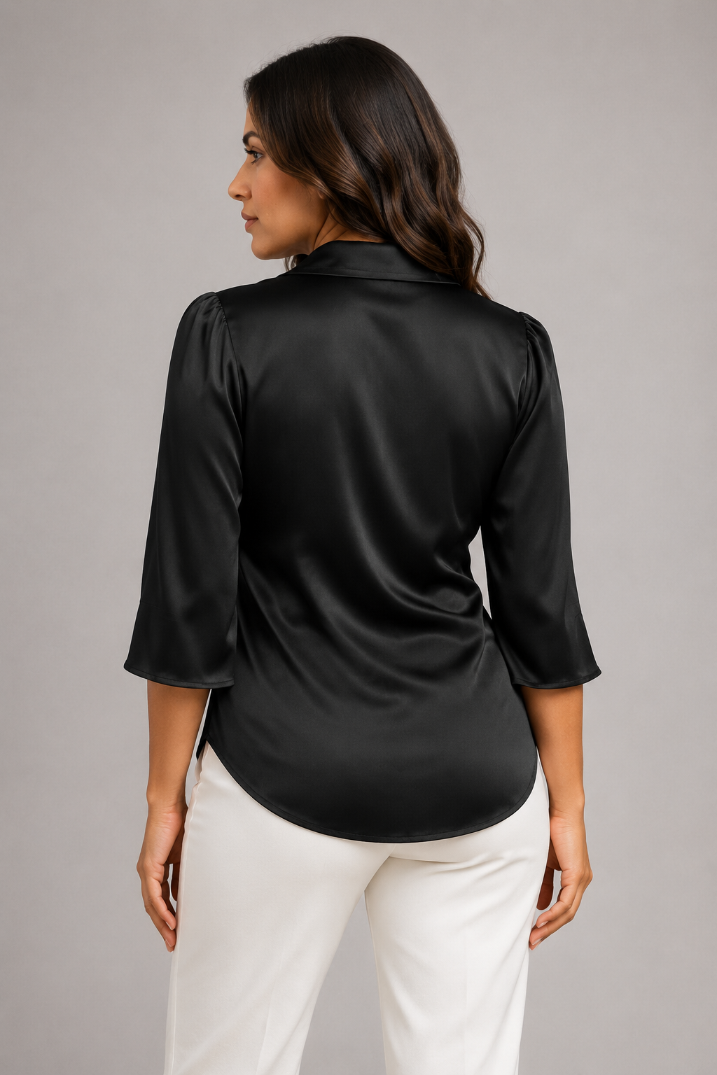 Wrap-Front Tie-Waist Blouse in Black, back view