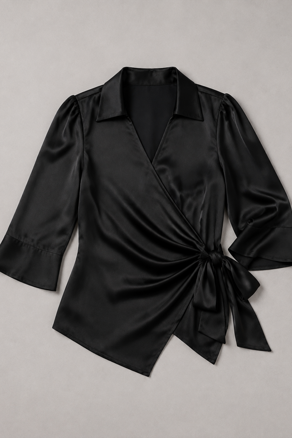 Wrap-Front Tie-Waist Blouse in Black, flat lay