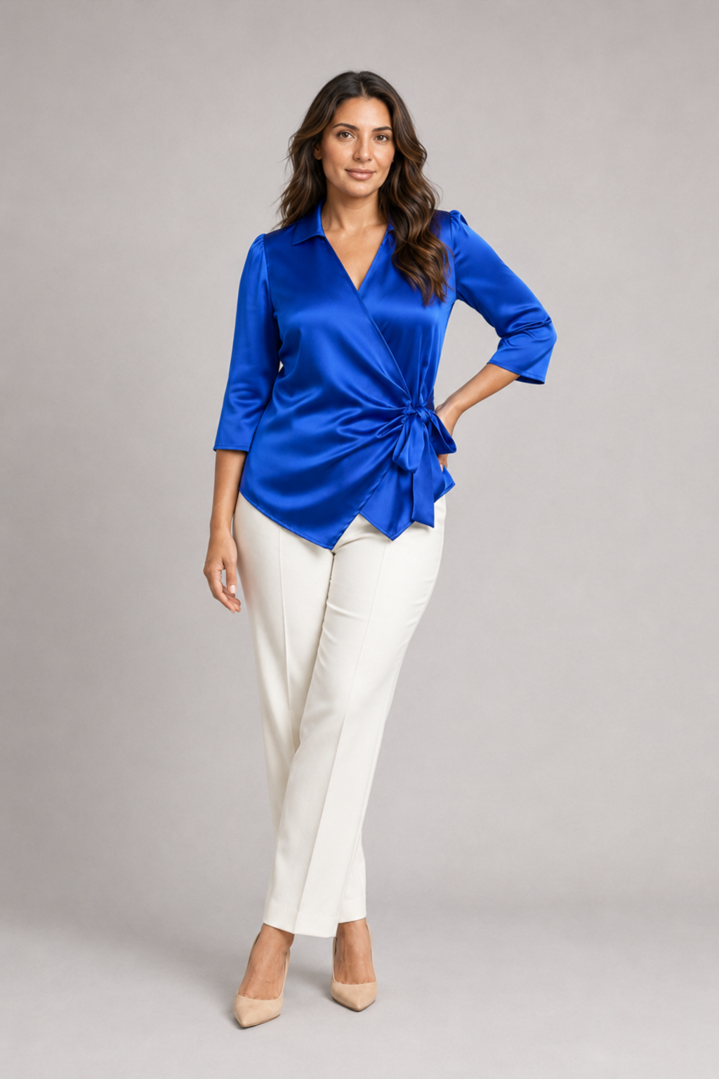 Wrap-Front Tie-Waist Blouse in Blue, front three-quarter view