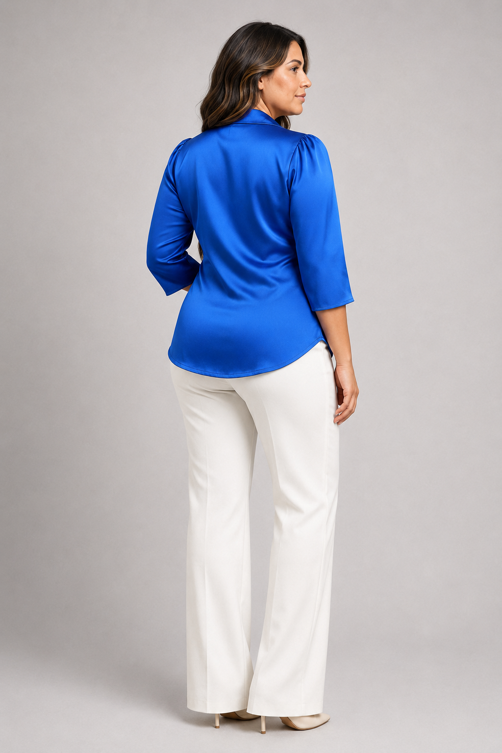 Wrap-Front Tie-Waist Blouse in Blue, back view