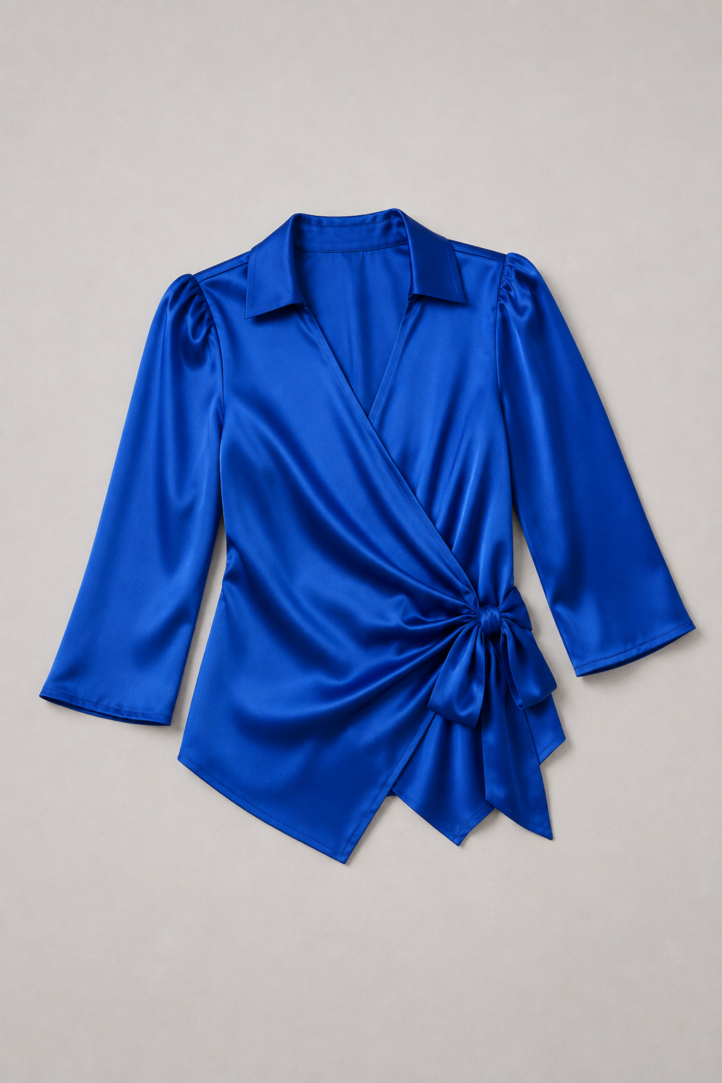 Wrap-Front Tie-Waist Blouse in Blue, flat lay