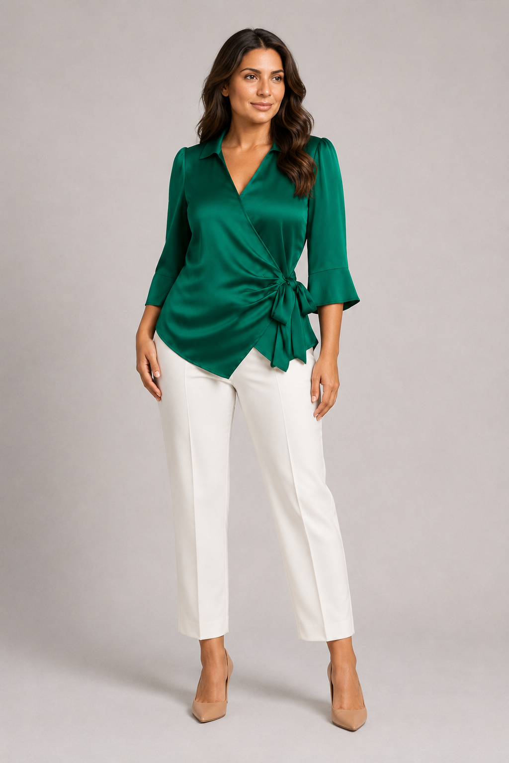 Wrap-Front Tie-Waist Blouse in Green, front three-quarter view