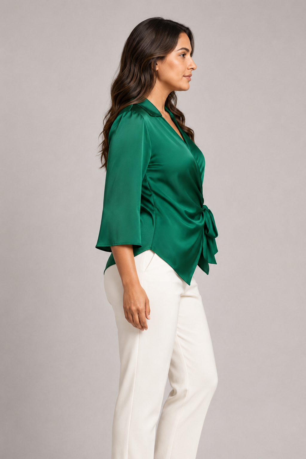 Wrap-Front Tie-Waist Blouse in Green, side view