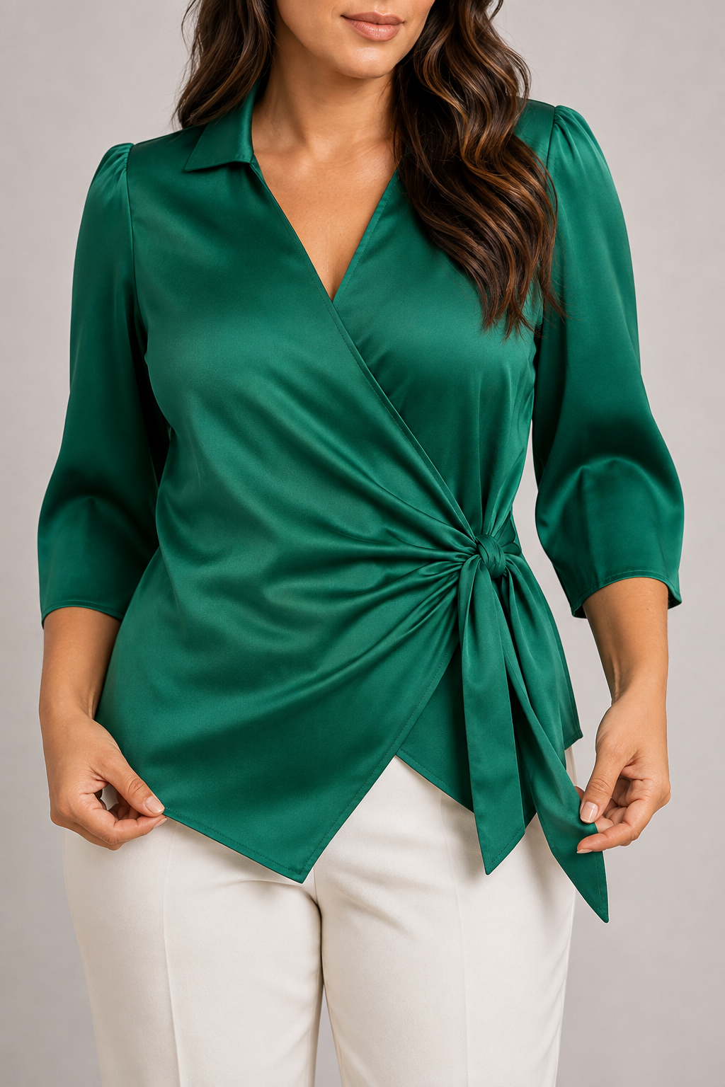 Wrap-Front Tie-Waist Blouse in Green, waistband construction detail