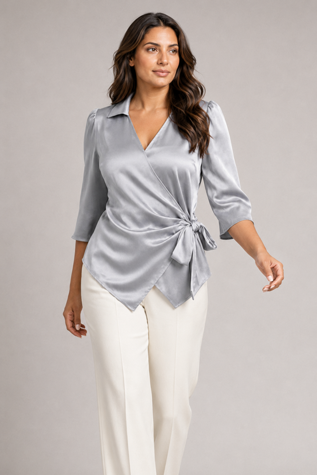 Wrap-Front Tie-Waist Blouse in Light Gray, front three-quarter view