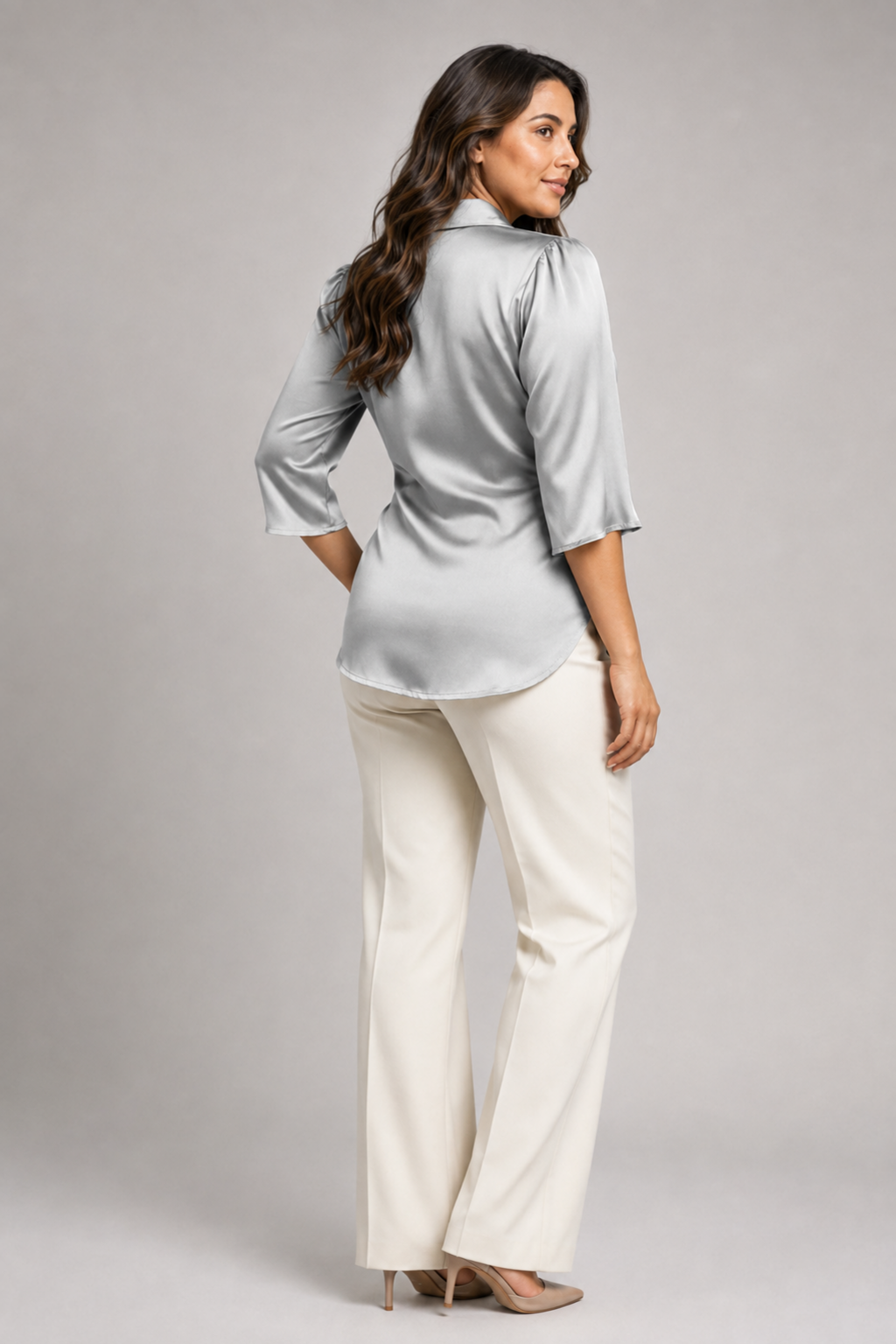 Wrap-Front Tie-Waist Blouse in Light Gray, back view
