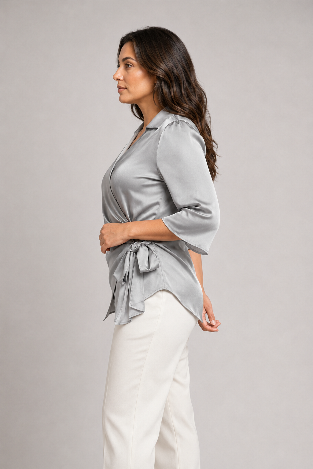 Wrap-Front Tie-Waist Blouse in Light Gray, side view