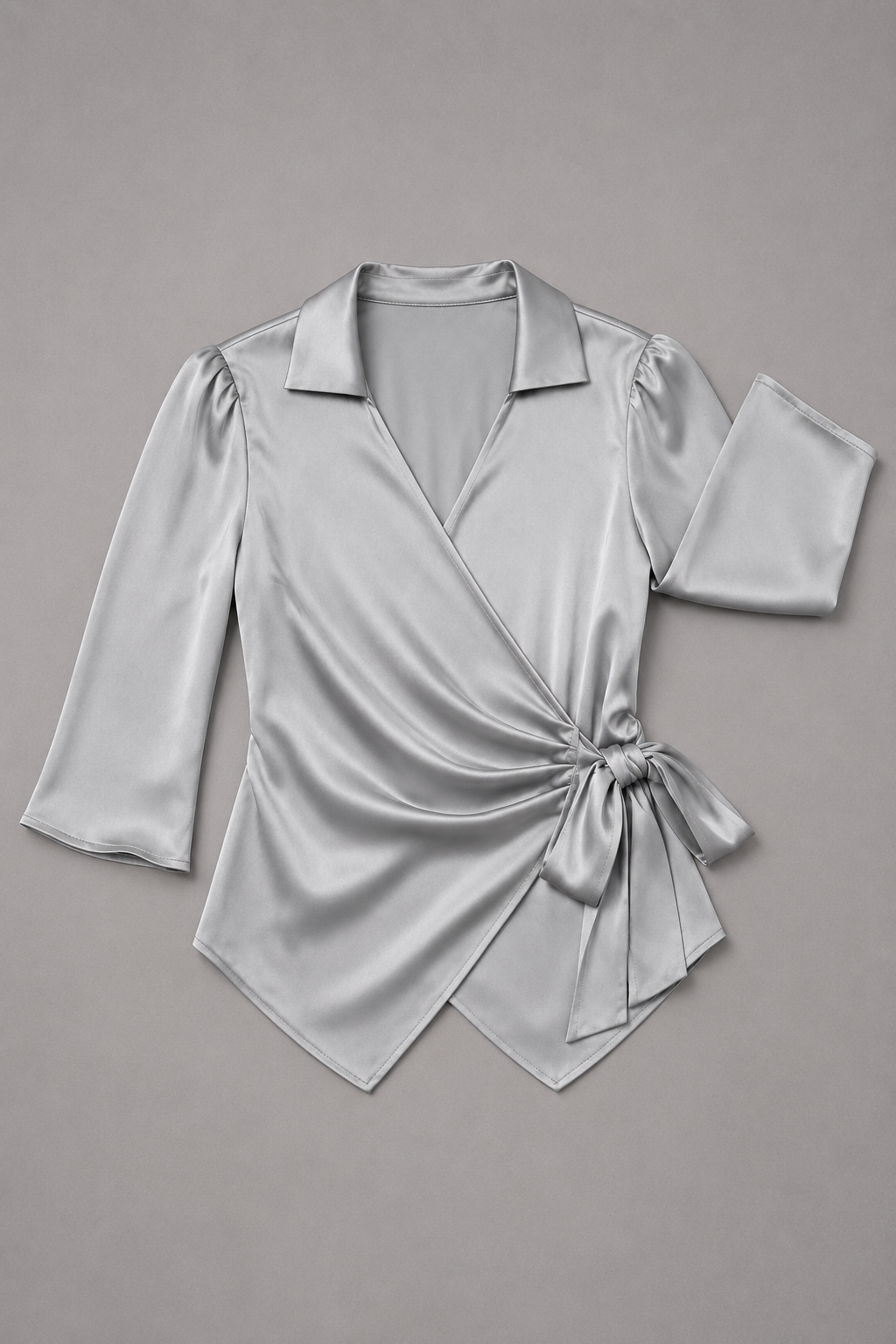 Wrap-Front Tie-Waist Blouse in Light Gray, flat lay