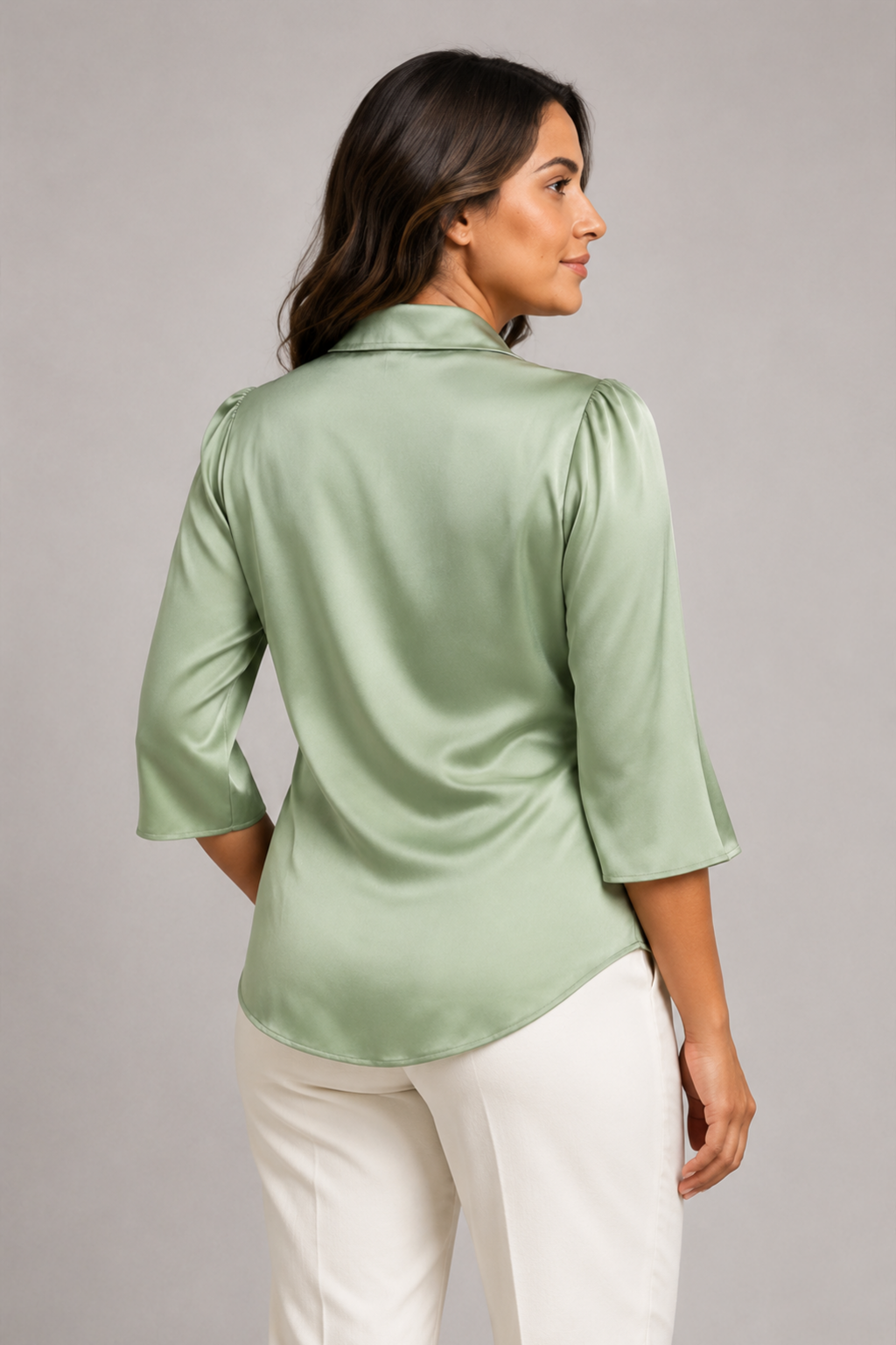 Wrap-Front Tie-Waist Blouse in Light Green, back view