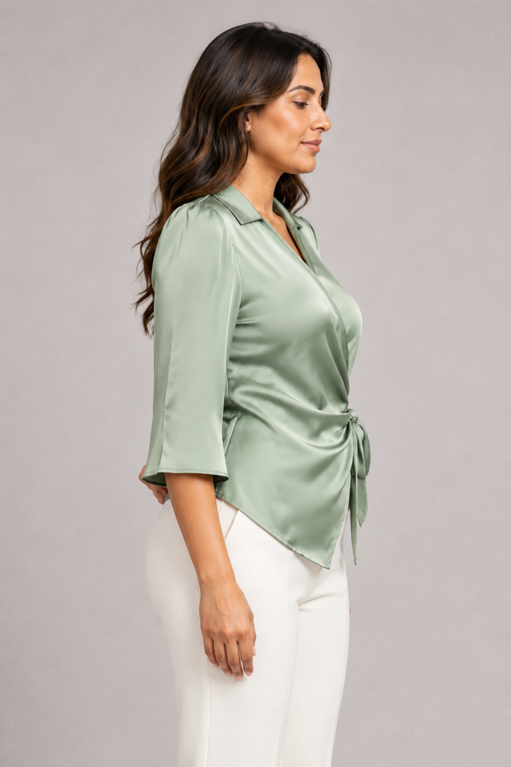 Wrap-Front Tie-Waist Blouse in Light Green, side view